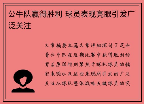 公牛队赢得胜利 球员表现亮眼引发广泛关注
