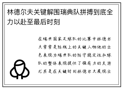 林德尔夫关键解围瑞典队拼搏到底全力以赴至最后时刻