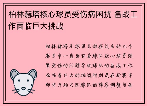 柏林赫塔核心球员受伤病困扰 备战工作面临巨大挑战