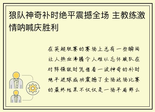狼队神奇补时绝平震撼全场 主教练激情呐喊庆胜利