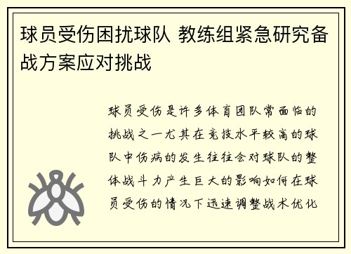 球员受伤困扰球队 教练组紧急研究备战方案应对挑战