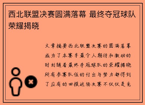 西北联盟决赛圆满落幕 最终夺冠球队荣耀揭晓